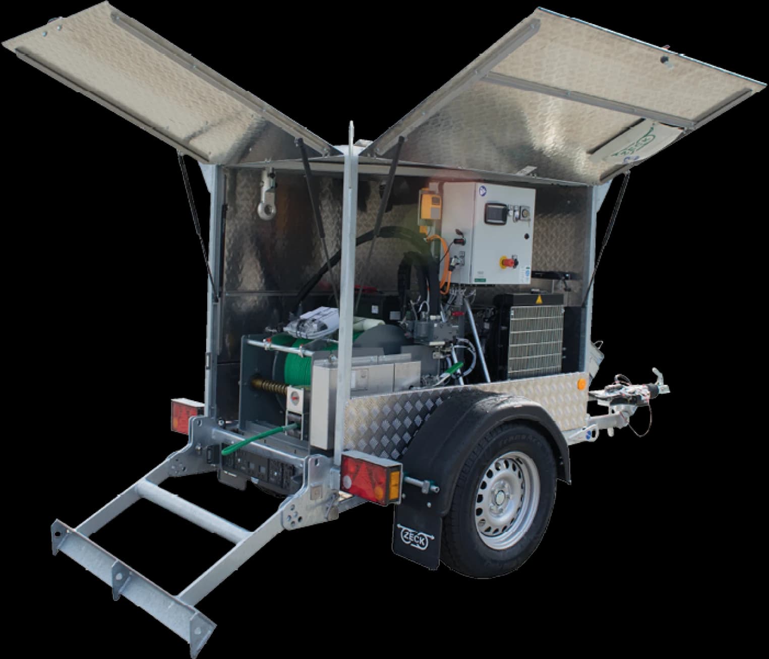 ZECK drum winch on a trailer with open covers