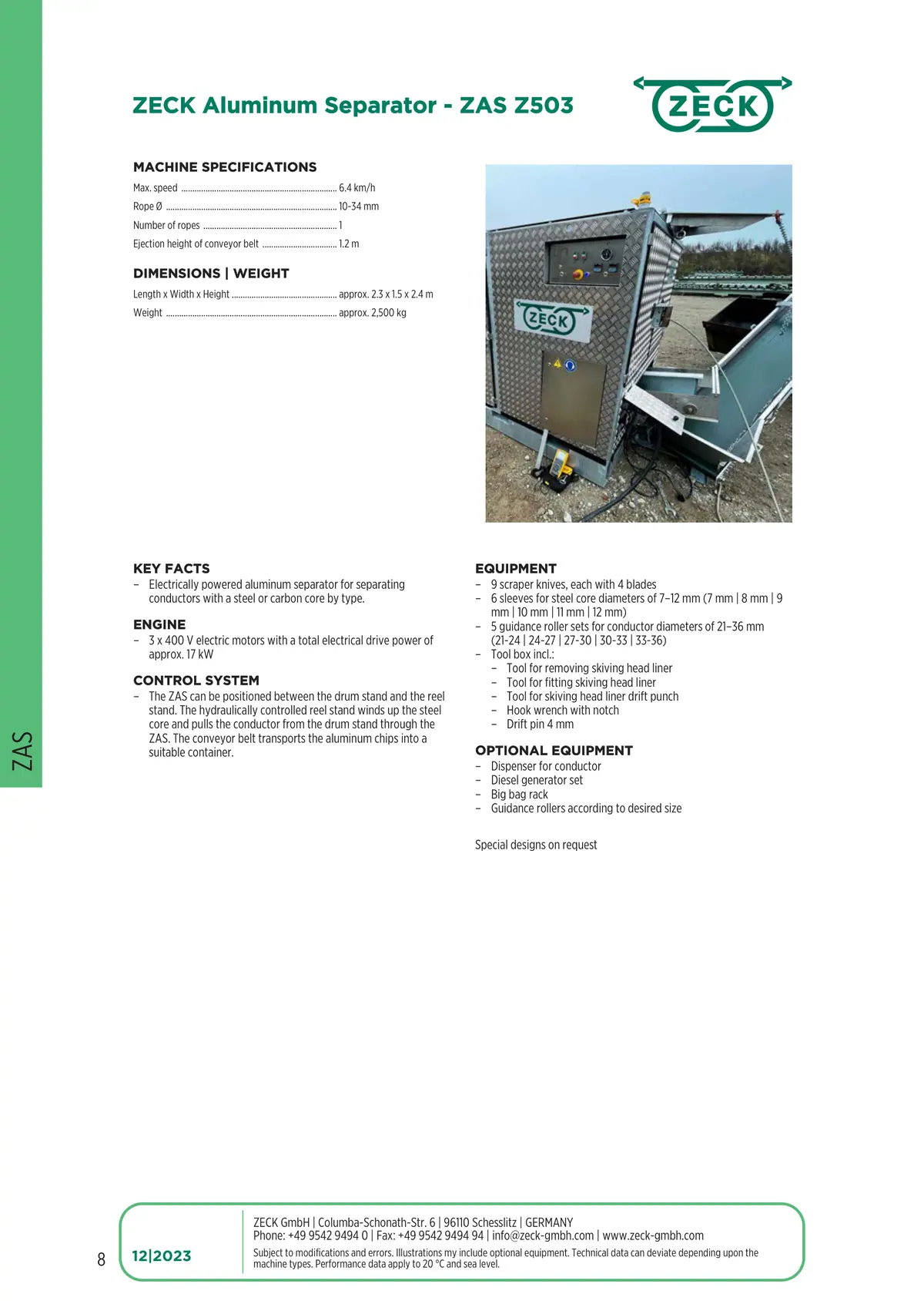 Catalogue page 8: ZECK Aluminum Separator - ZAS Z503