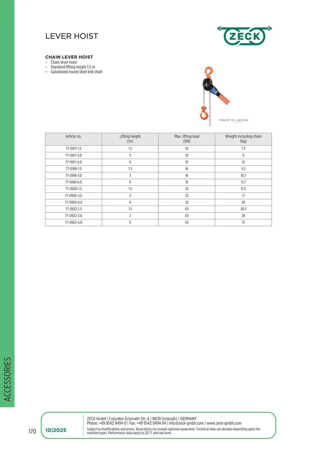 Catalogue page 170: LEVER HOIST